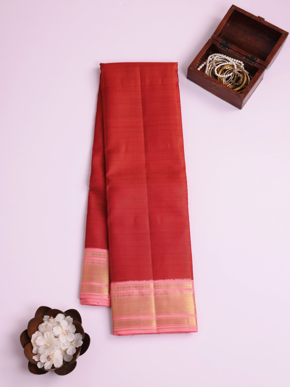 Red Vaira Oosi Kanjeevaram Silk Saree with Light Pink Border