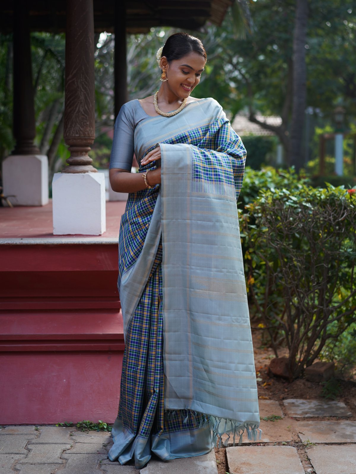 Multi-Colour Checked Kanjeevaram Silk Saree