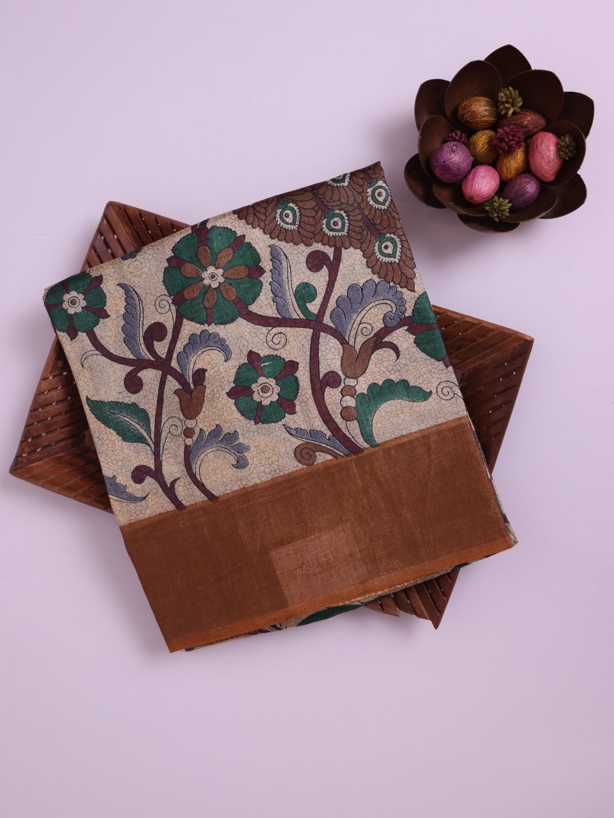 Beige Printed Tusser Silk Saree