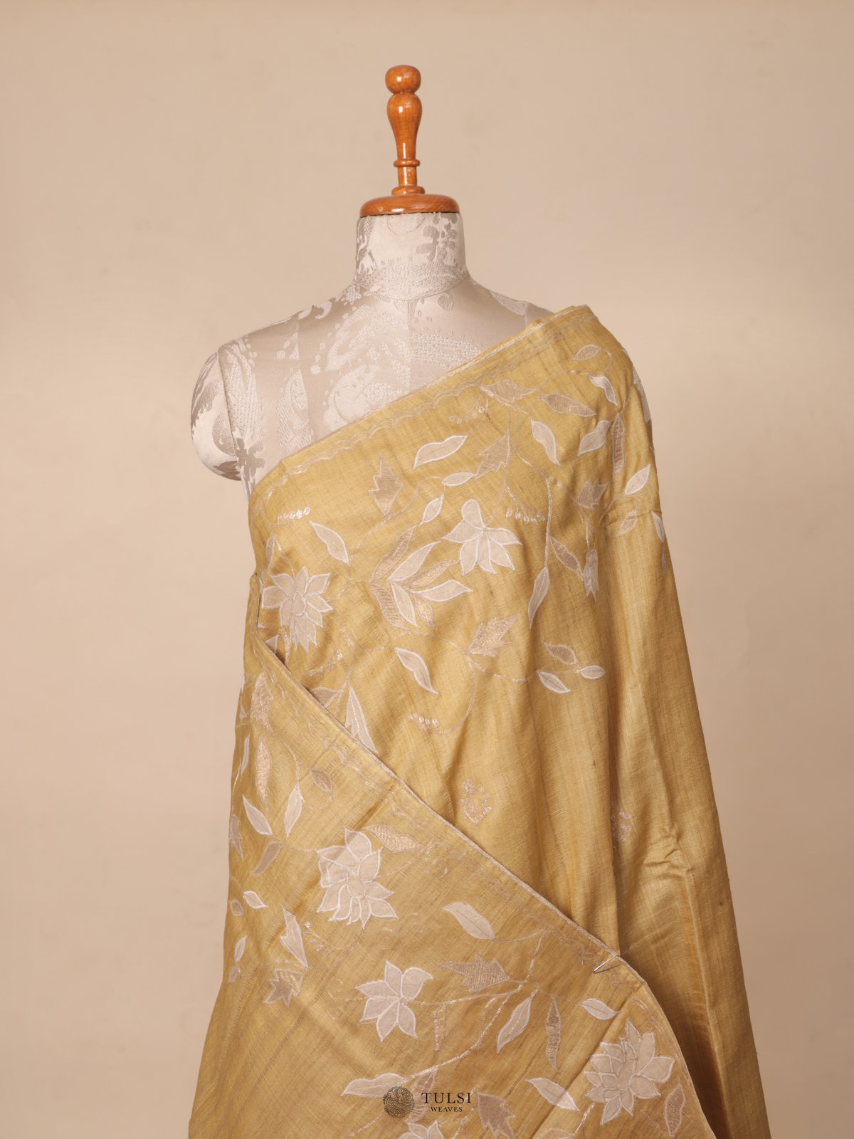 Yellow  Tussar Silk Saree with Applique Work