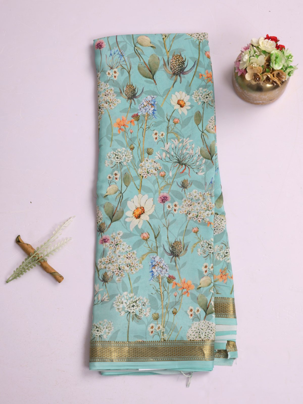 Greenish Blue Printed Mysore Crepe Silk Saree With Zari Border