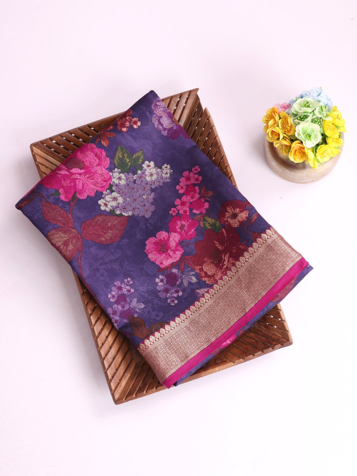 Violet Printed Chaniya Silk Saree With Zari Border