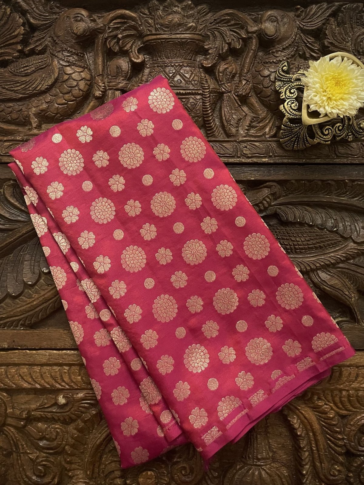 Reddish Pink Banaras Silk Blouse With Floral Buttis