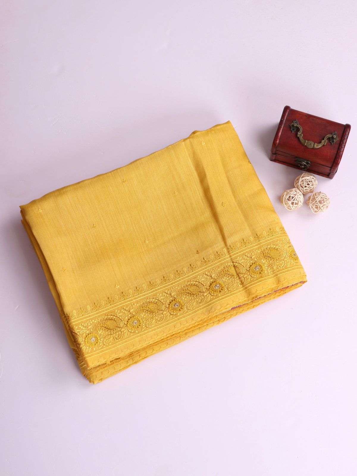 Yellow Embroidered Munga Tussar Silk Saree