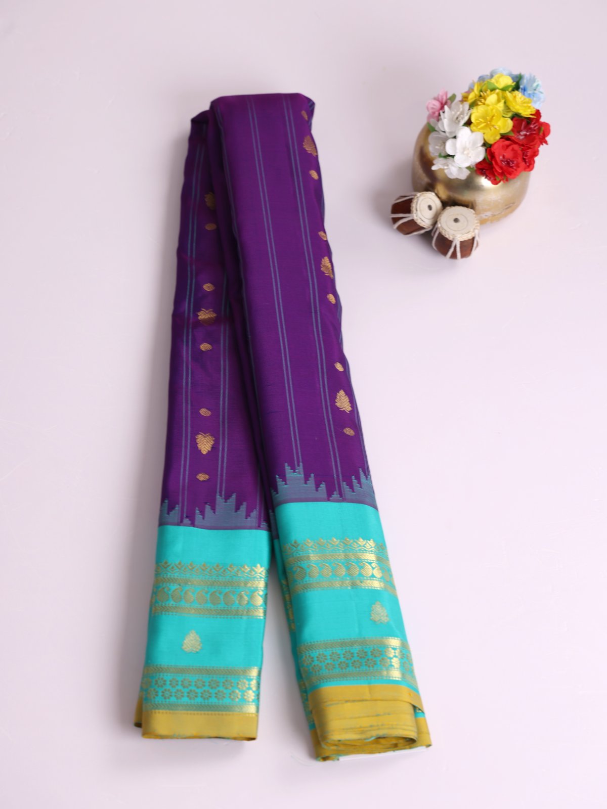 Dark Violet Striped Gadwal Silk Saree with Turquoise Border