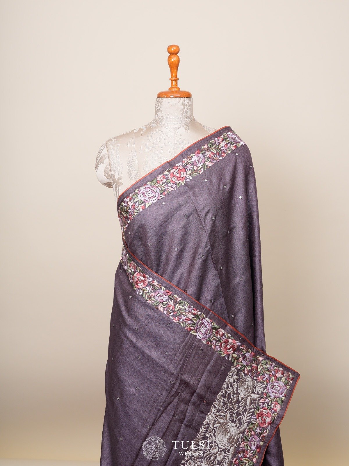 Lavender Grey Tussar Silk Saree with Floral Embroidery Border