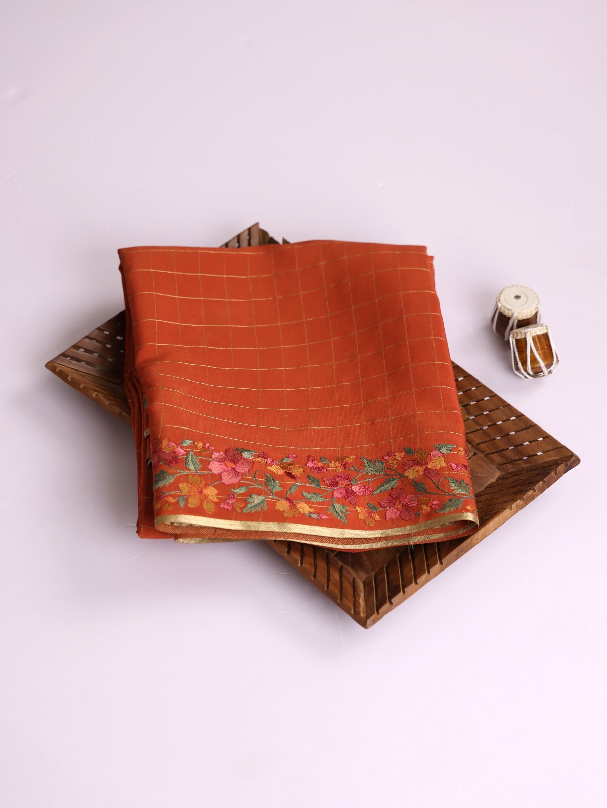 Rust Orange Zari Checked Mysore Crepe Silk Saree With Embroidered Border
