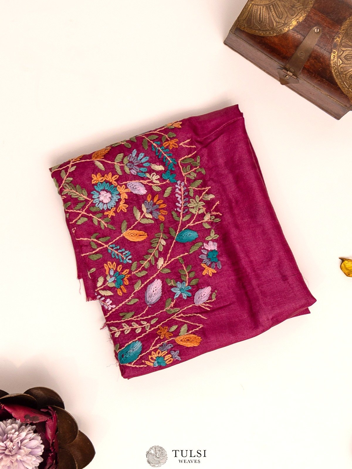 Magenta Tussar Blouse With Floral Embroidery