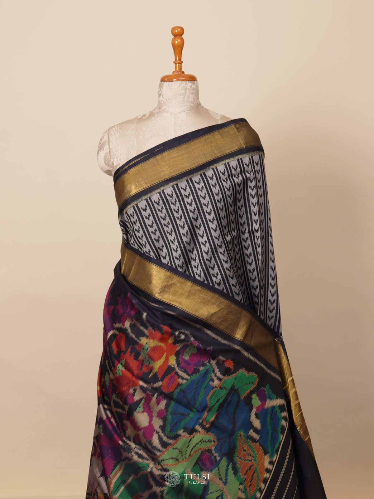 Off White Ikat Silk Saree With Golden Border