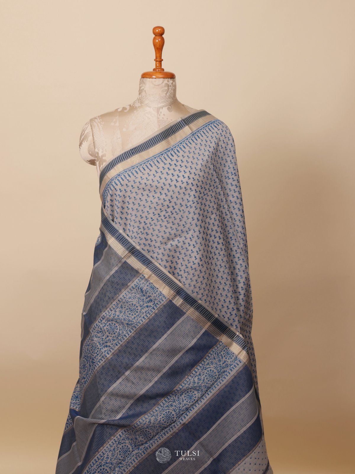 Grey Handblock Printed Maheshwari Cotton Saree