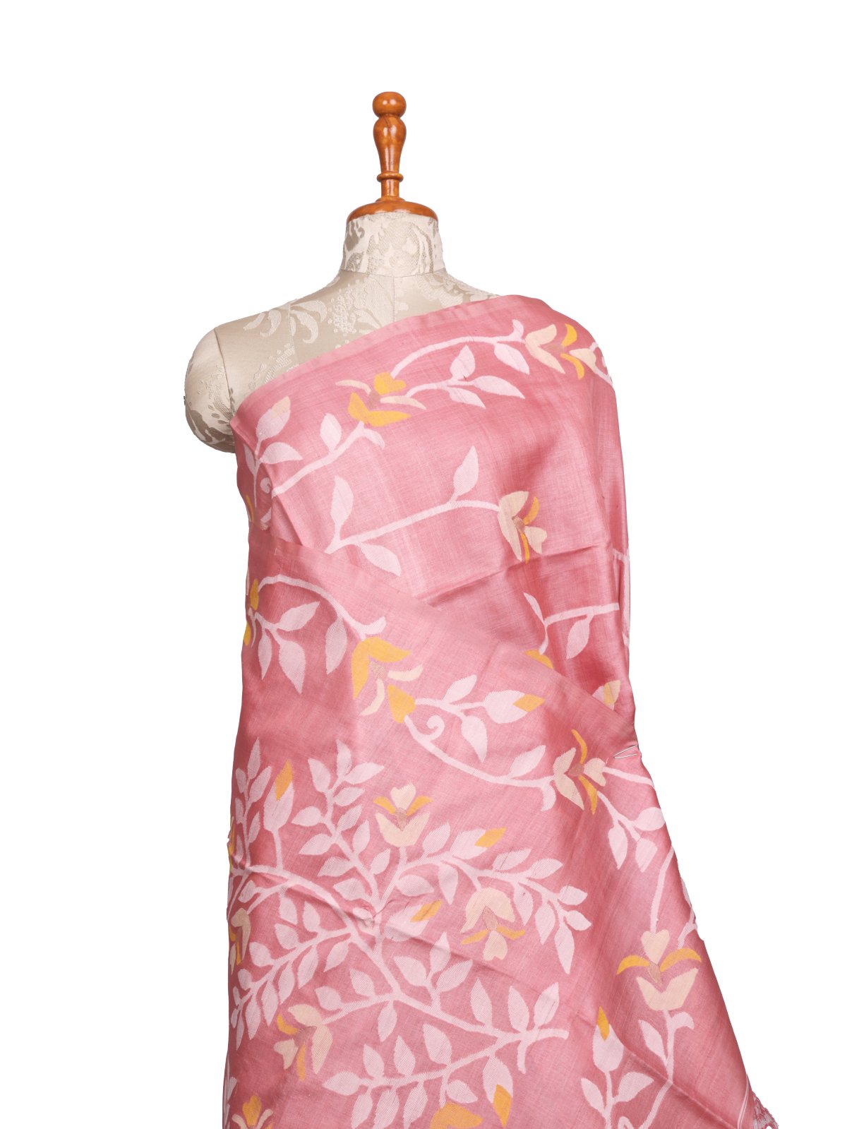 Peachy Pink Kora Tussar Silk Saree With Jamdani Pallu