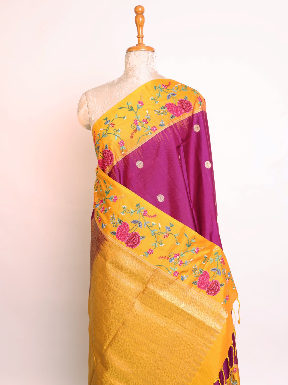 Burgundy Soft Silk Saree With Cross Stitch Embroidered Border