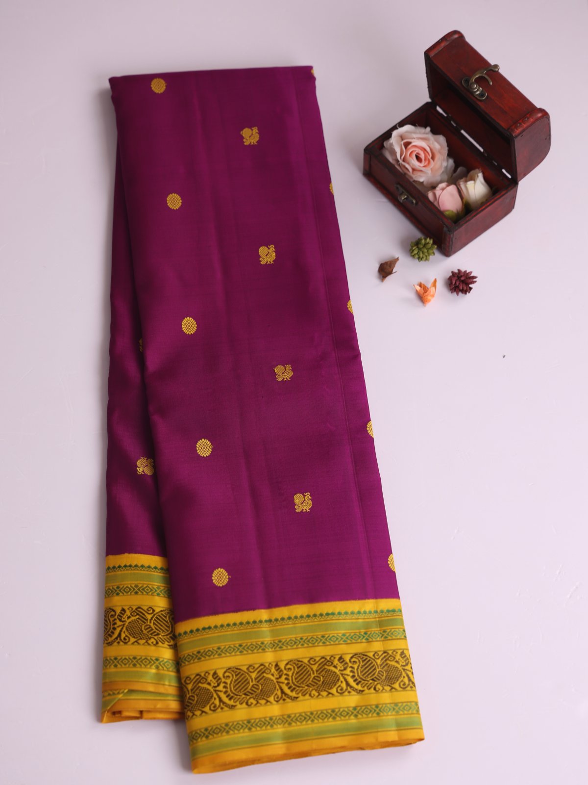  Purple Kanjeevaram Pattu Pettu Silk Saree with Yellow Border