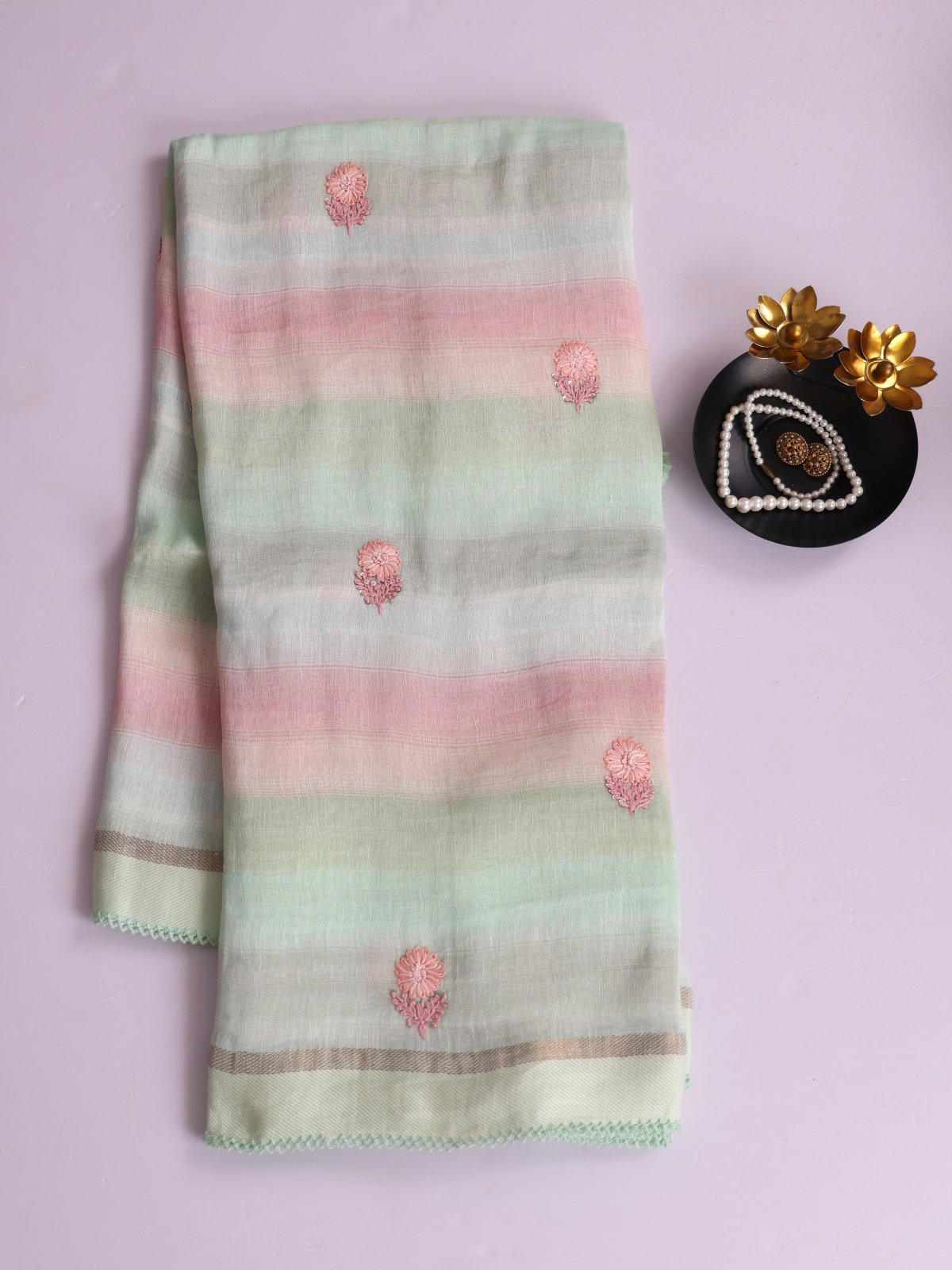 Multicolor Striped Embroidered Linen Saree With Pastel Green Border
