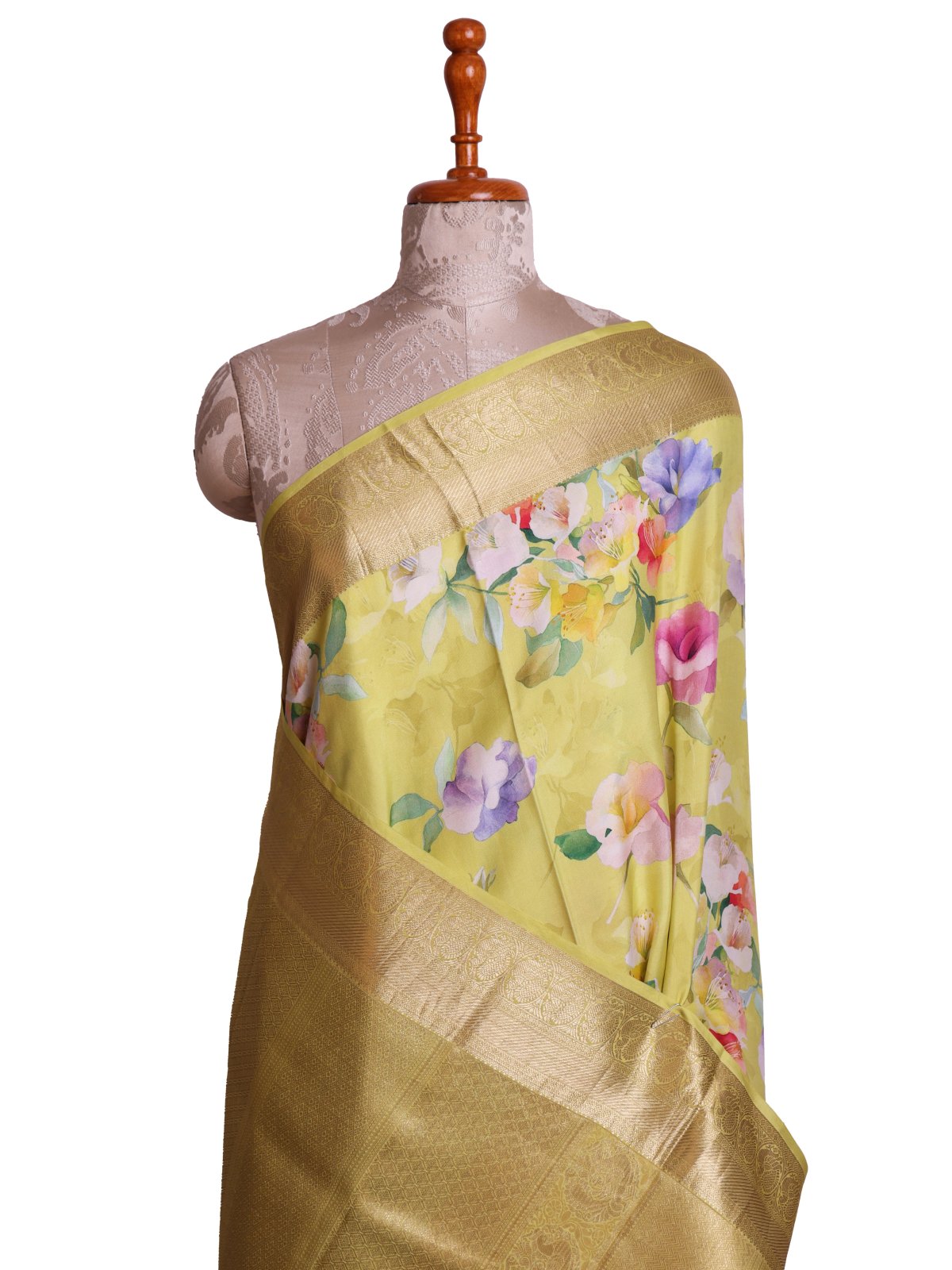 Lime Yellow Printed Kanjeevaram Silk Saree With Self Zari Border