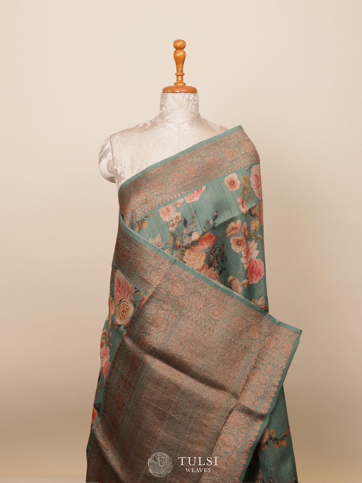 Bluish Green Banarasi Tussar Silk Saree