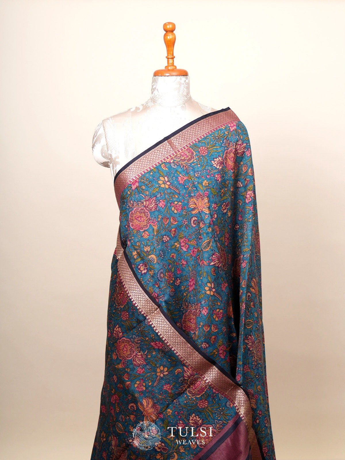 Blue Floral printed Chanderi Silk Saree