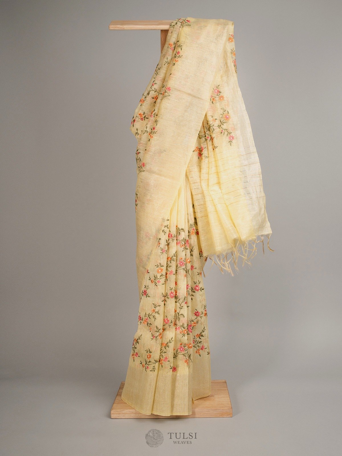 Light Yellow Linen Silk Saree With Floral Embroidery