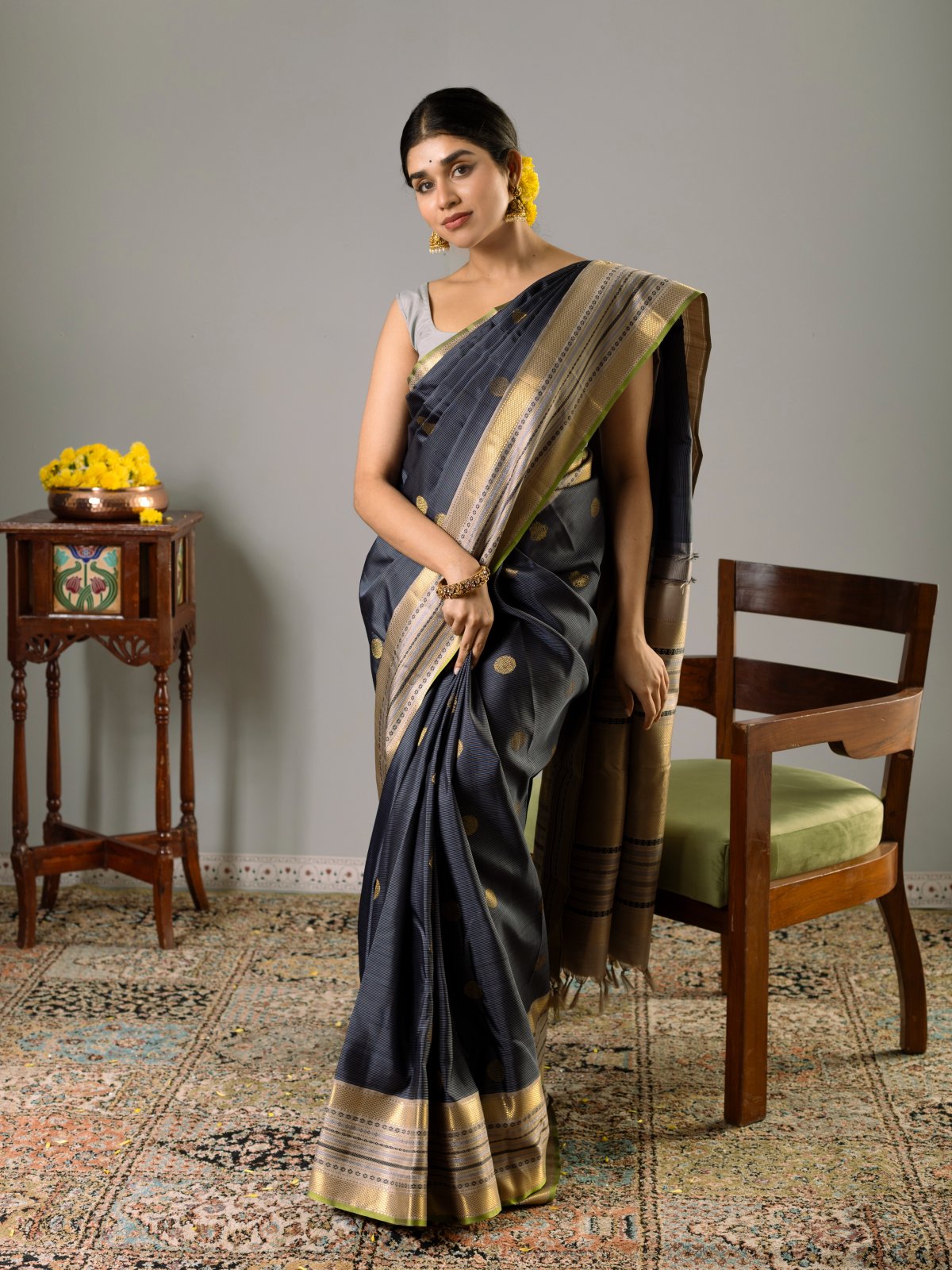 Blueish Grey Kanjeevaram Silk Saree with Contrast Border 