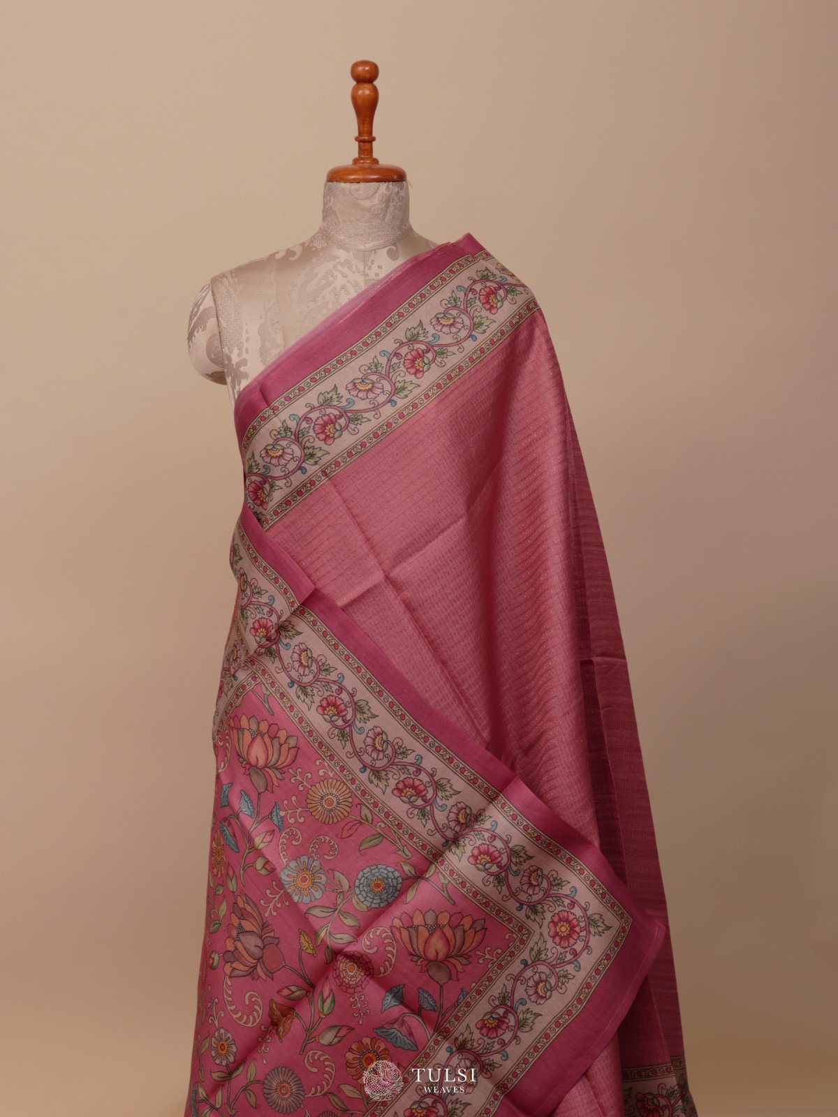 Pink Printed Tussar Silk Saree