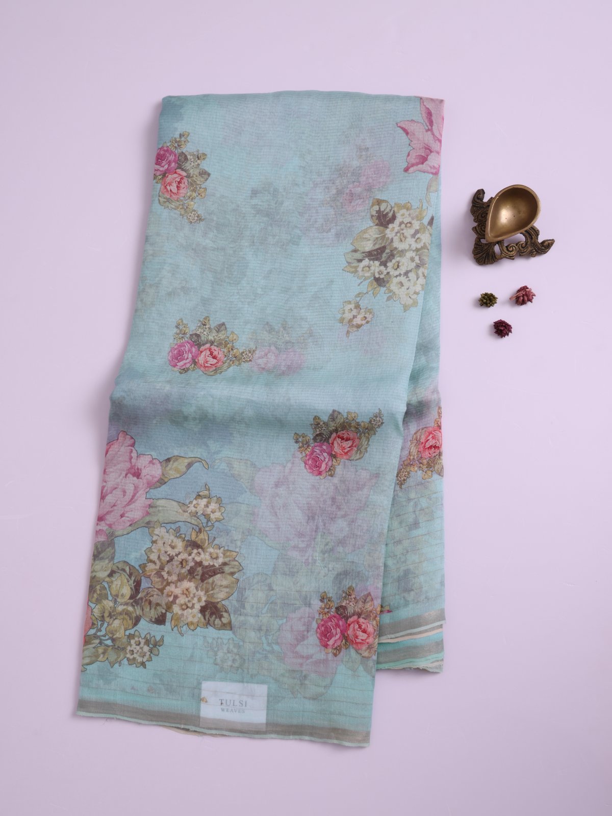 Light Blue Printed Organza Silk Saree with Jamdani Pallu 