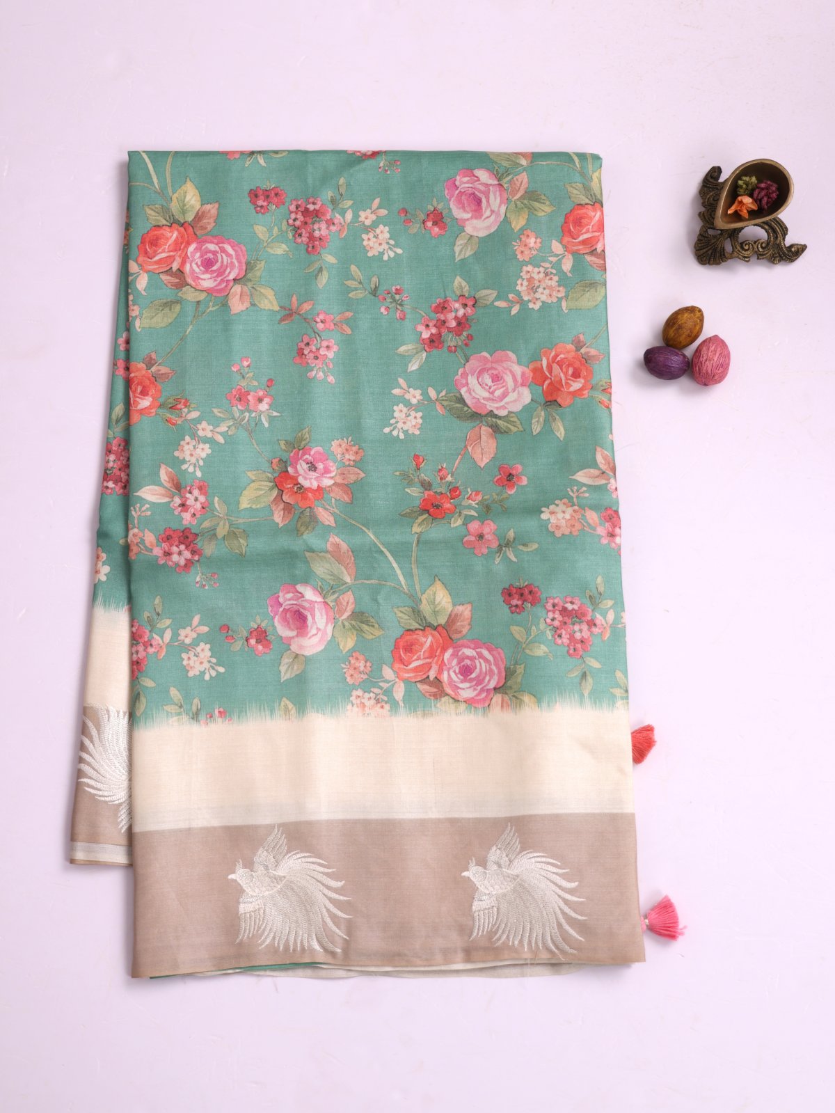Green Printed Tussar Silk Saree With Beige Embroidered Border 