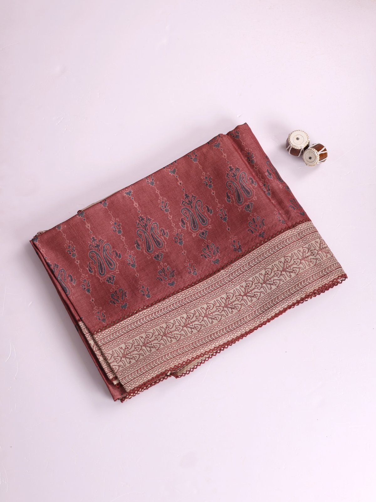 Dusty Red Printed Munga Tussar Silk Saree With Embroidered Border 