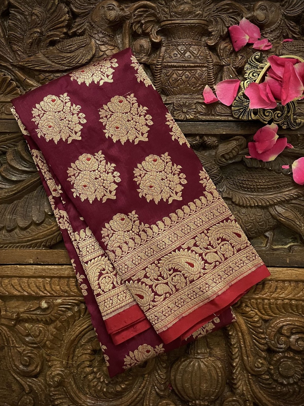 Maroon Banaras Silk Blouse With Pure Zari Floral Butties and Border