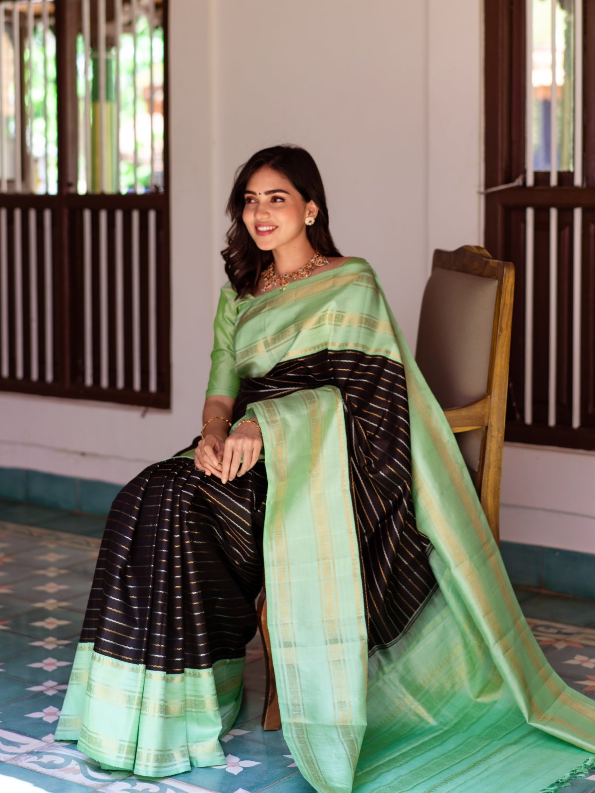 Black Kanjeevaram Silk Saree With Mint-Green Border