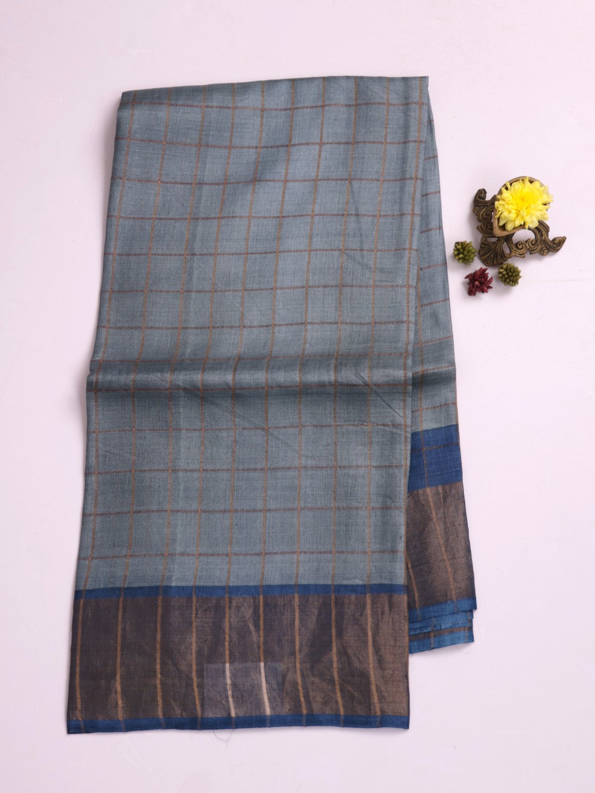 Grey Zari Checked Tussar Silk Saree With Blue Printed Blouse