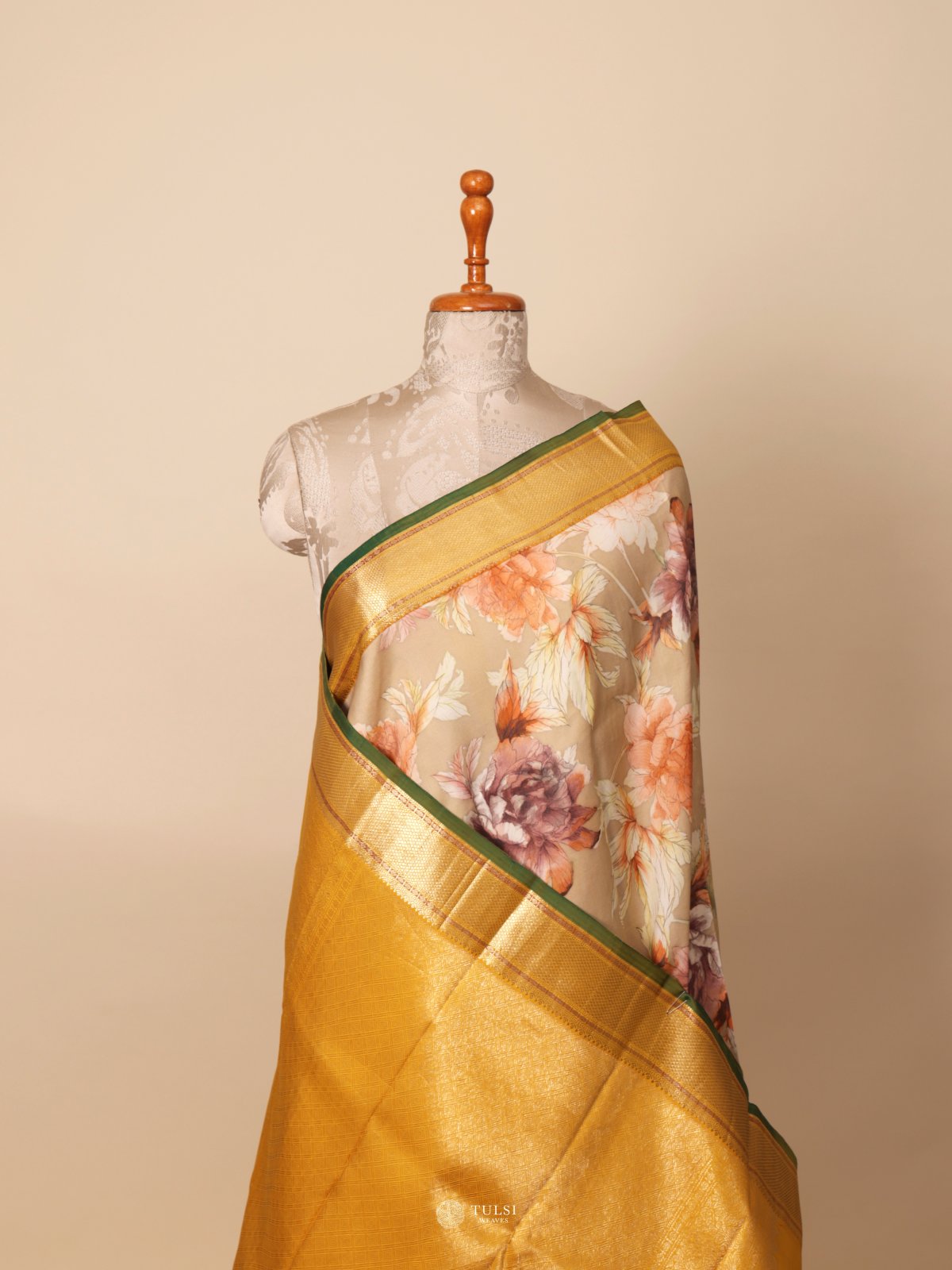 Beige Printed Kanjeevaram Silk Saree 