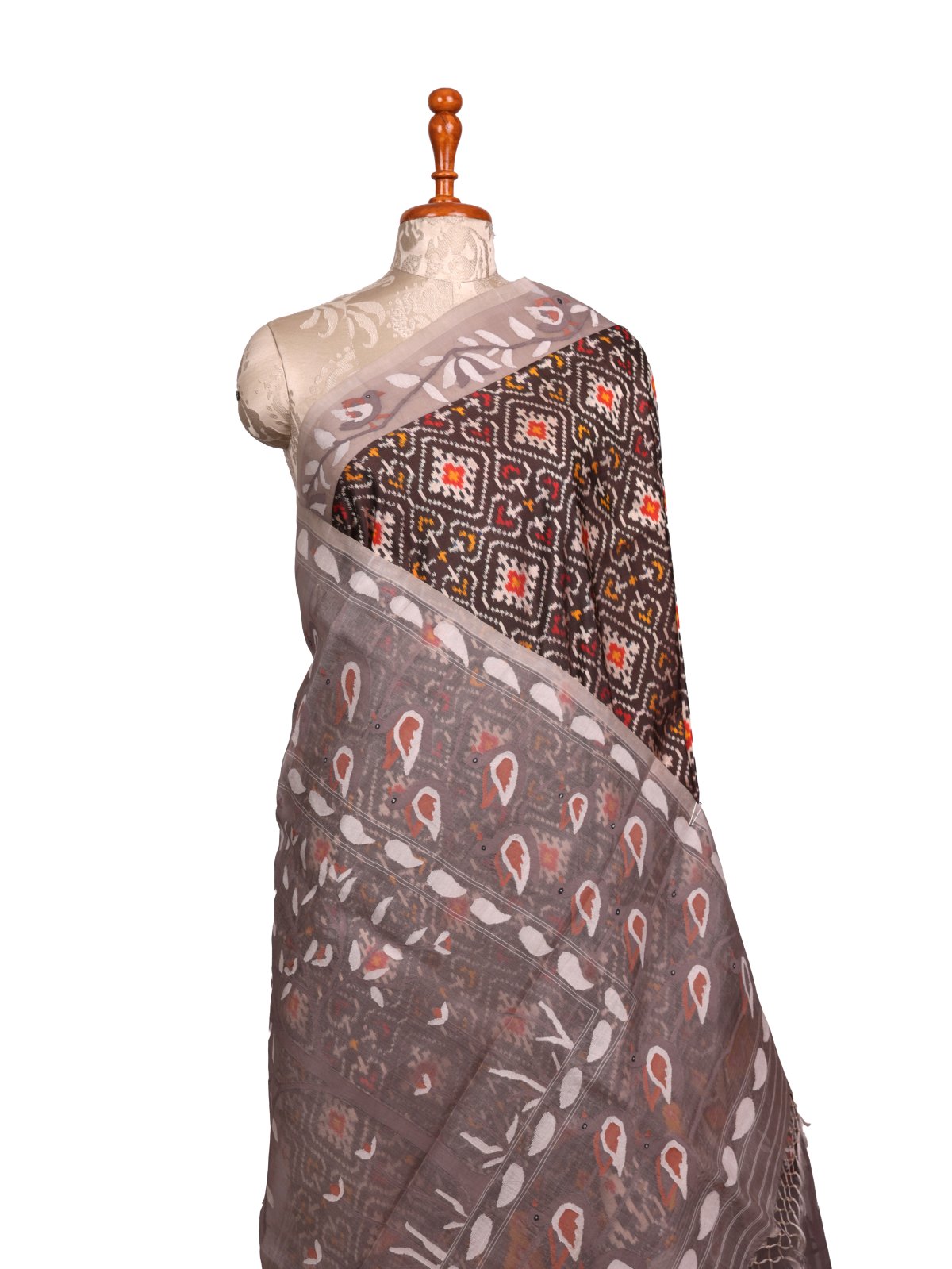 Brown Patola Silk Saree With Grey Kora Jamdani Border