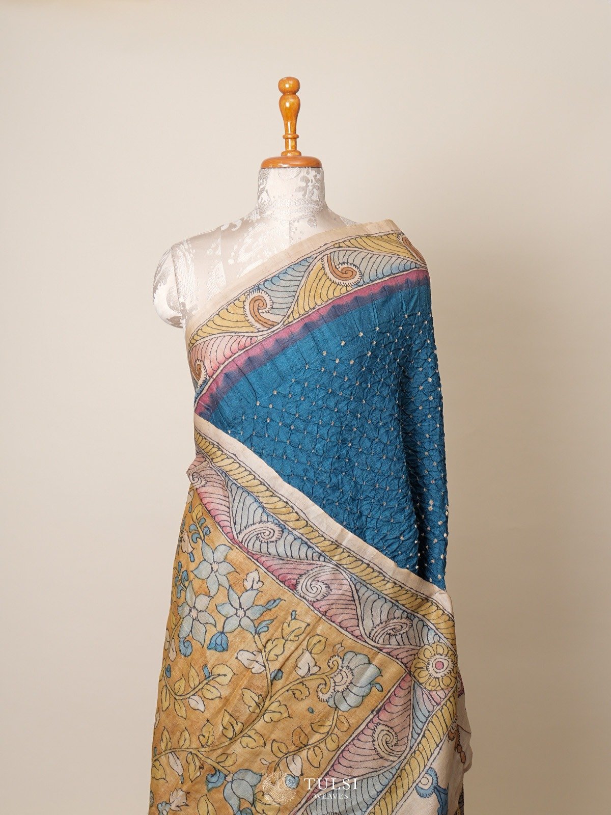 Dark Ocean Blue Bandhini Tussar Silk Saree with Kalamkari Print
