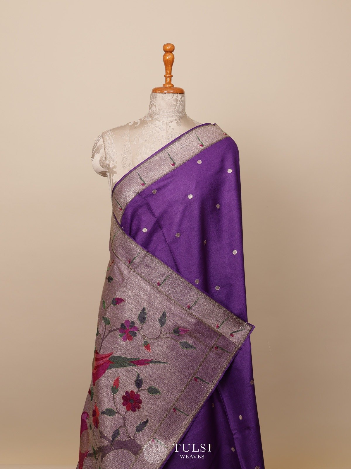 Purple Tussar Paithani Embroidery Saree