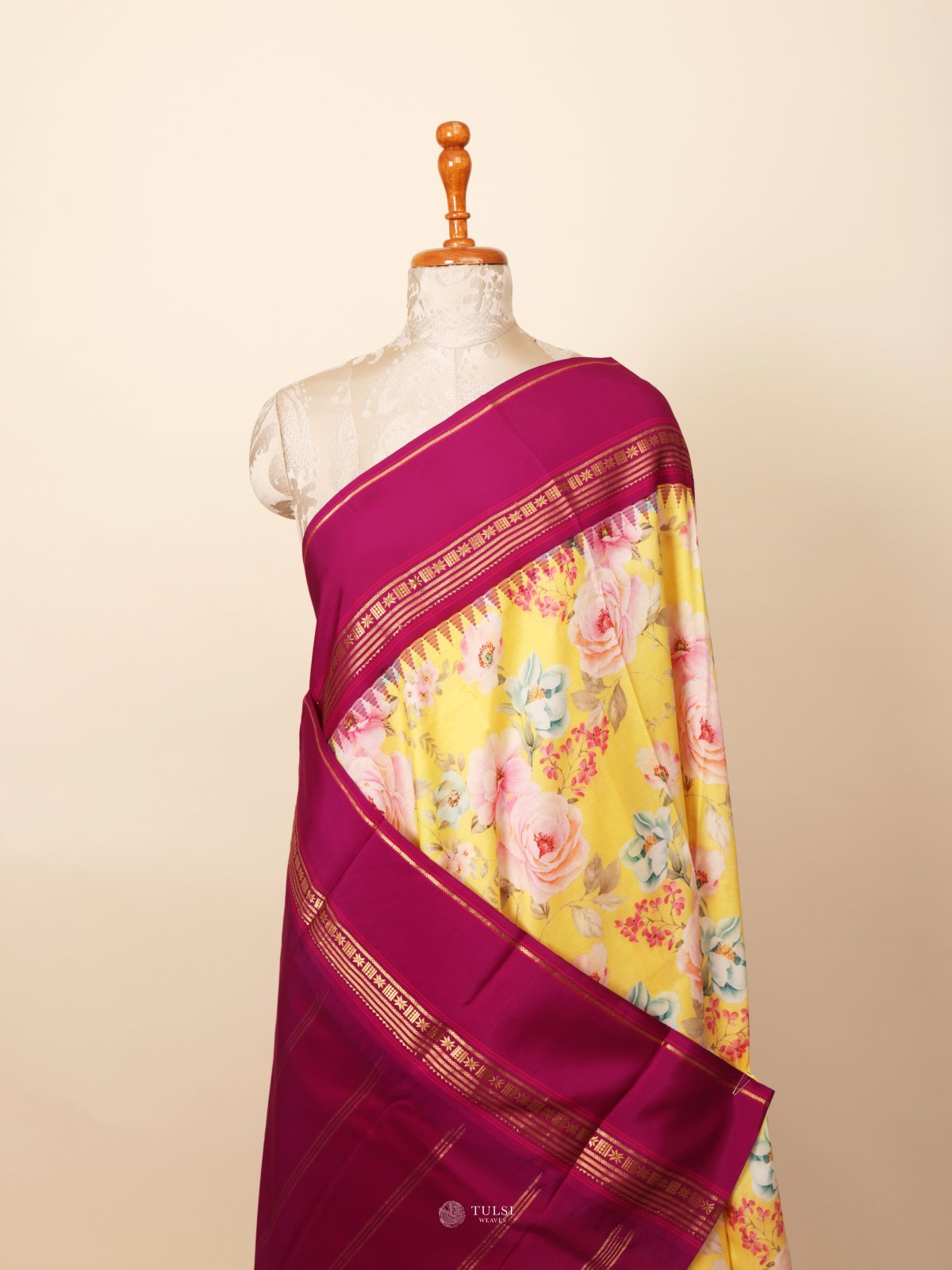 Yellow Printed Kanjeevaram Silk Saree