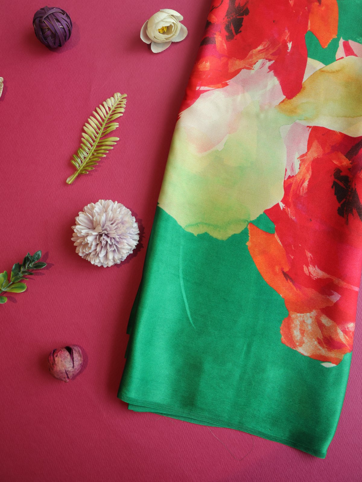 Green Satin Crepe Silk Saree With Floral Prints