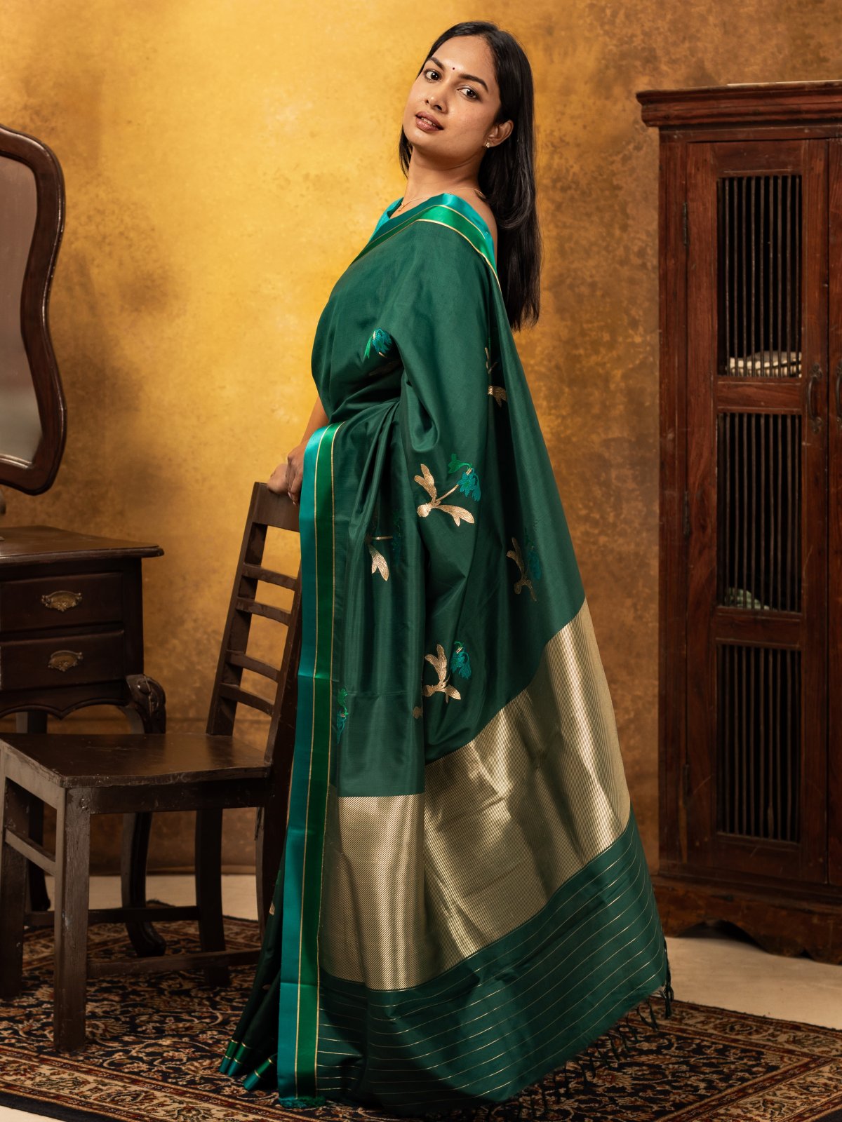 Green Mashru Silk saree with Striped border