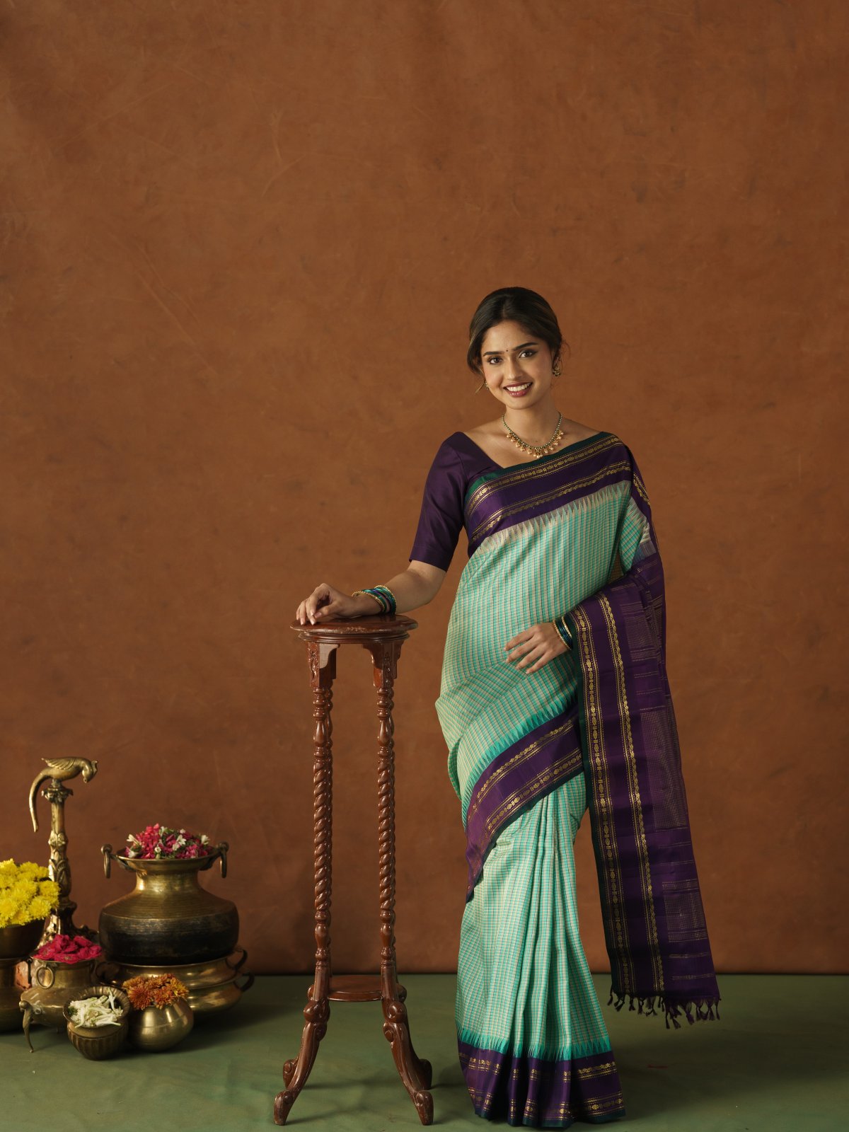 Multi Color Checked Gadwal Saree With Violet Border