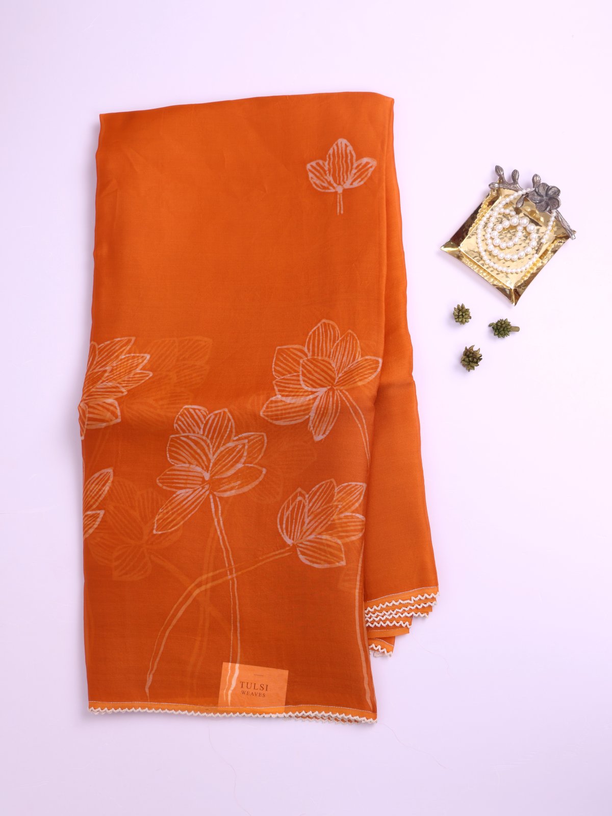 Orange Printed Organza Silk Saree