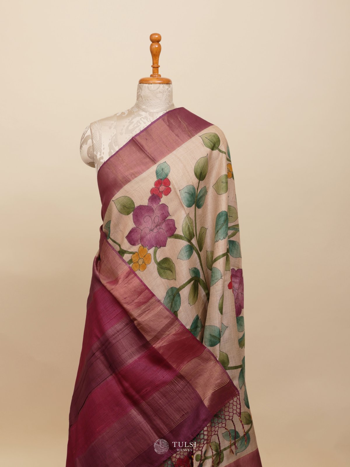 Beige Hand Painted Tussar Silk Saree With Wine Broder