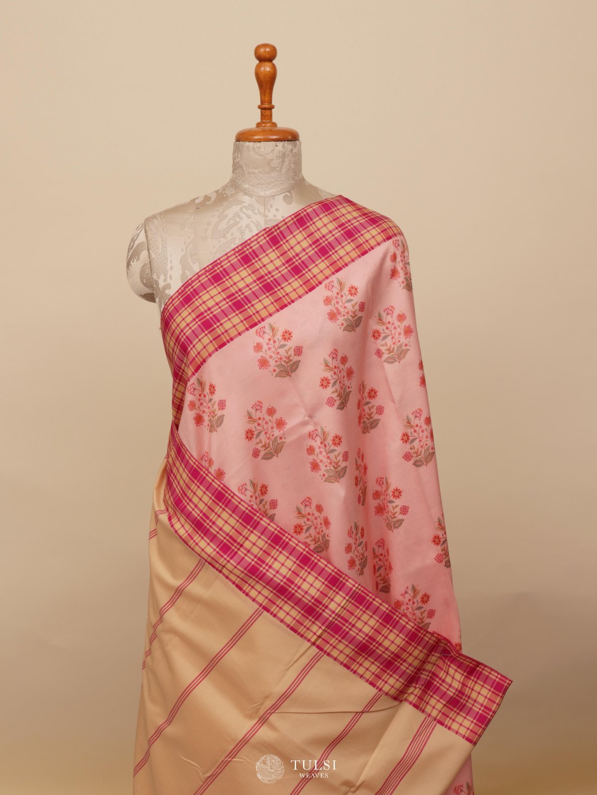 Light Pink Printed Kanjeevaram Silk Saree With Checked Border