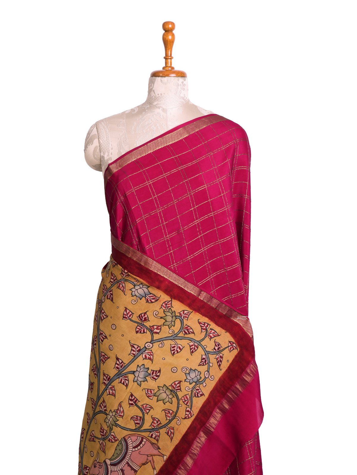 Rani Pink Checked Mysore Crepe Silk Saree