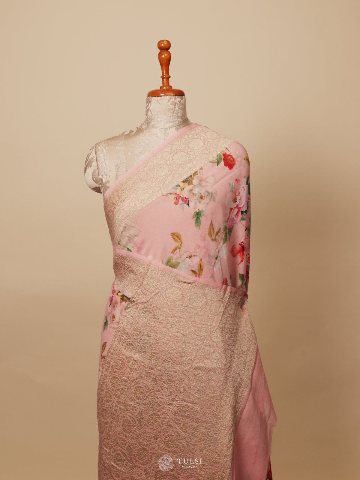 Light Pink Floral Printed Georgette Silk Saree With Woven Border