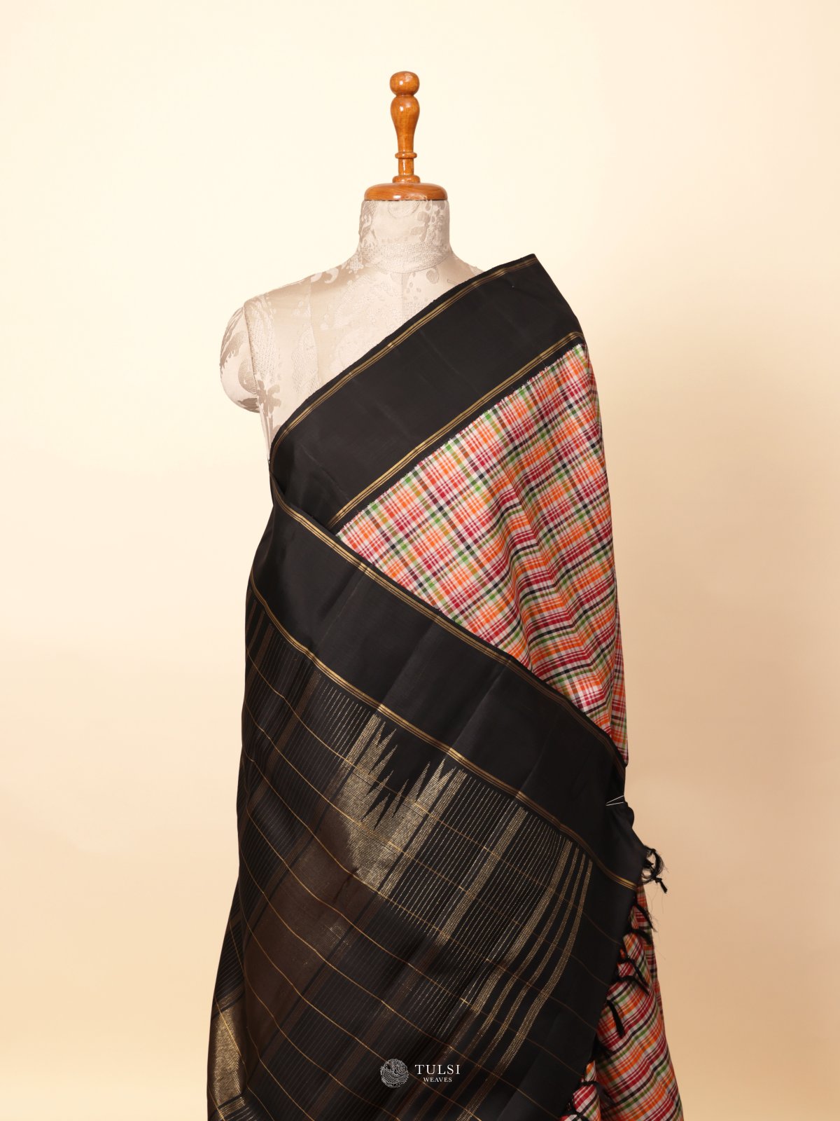 Multi Color Checked Kanjeevaram Silk Saree