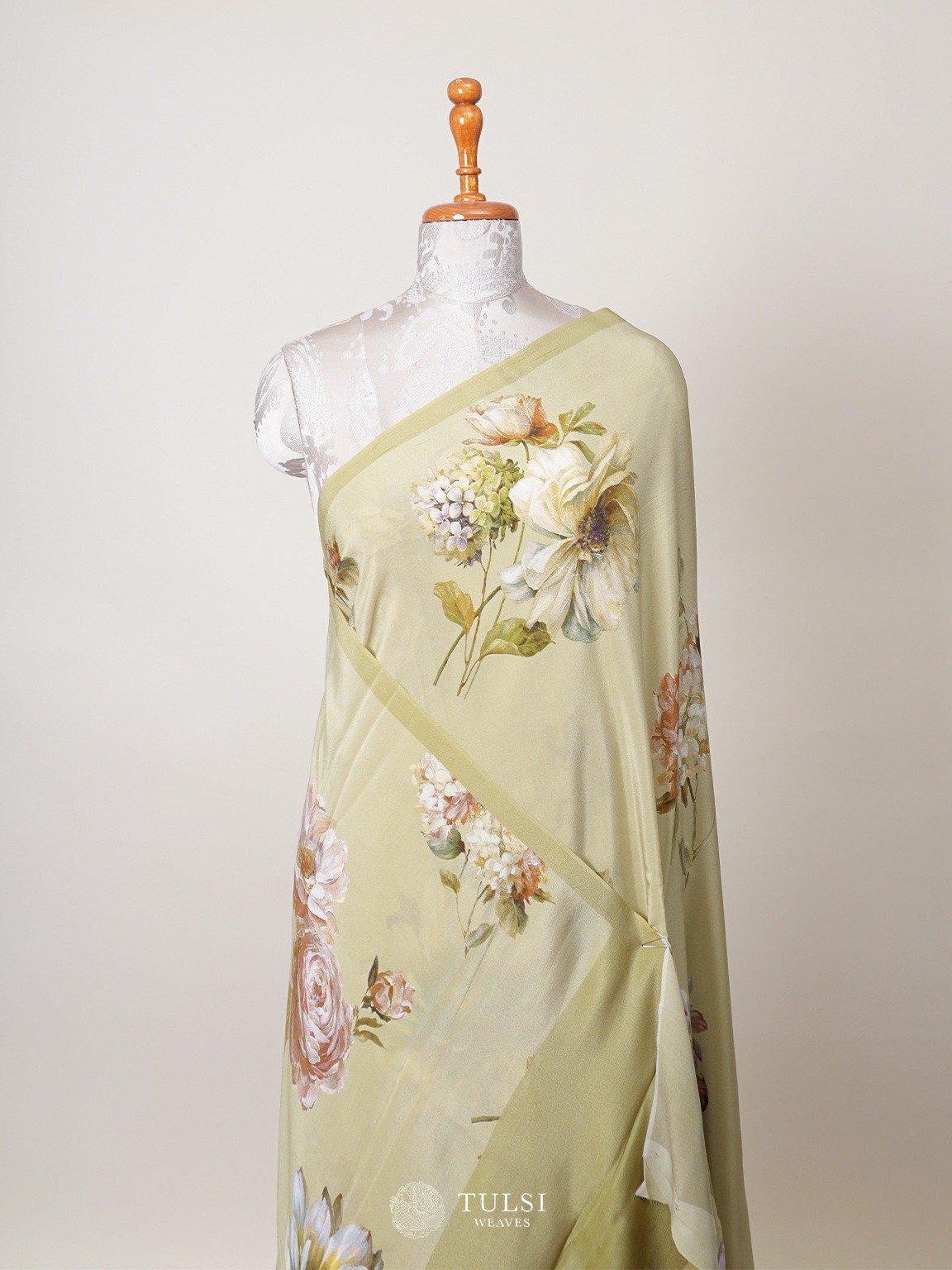 Mehandi Green Floral Printed Crepe Silk Saree 