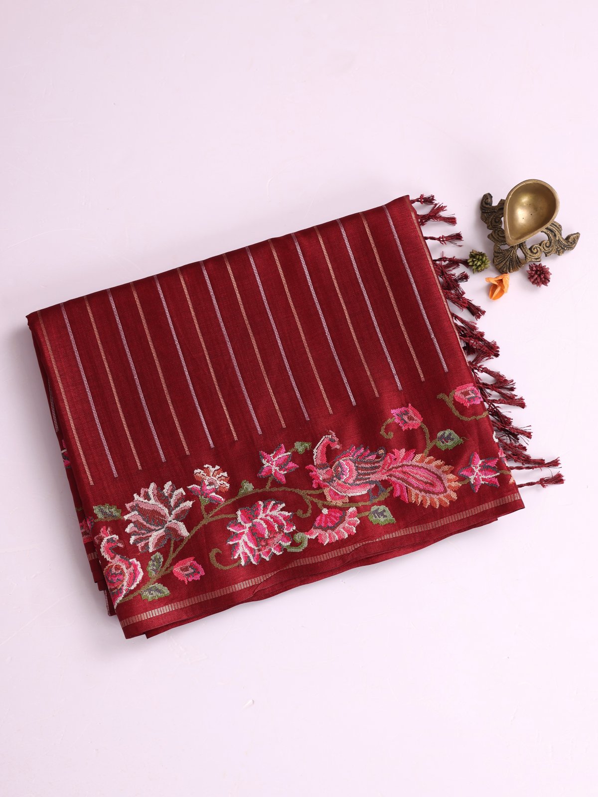 Araku Zari Striped Semi Tussar Silk Saree With Cross-Stitch Embroidery