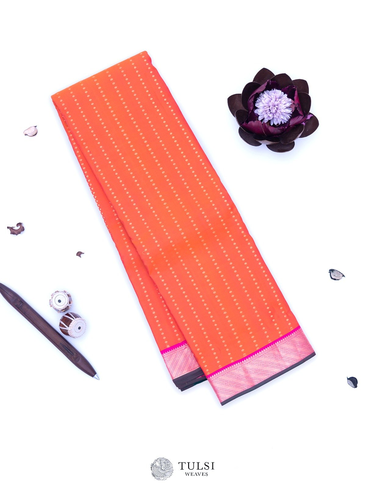 Orange Kanjeevaram Silk Saree with Pink Korvai Border