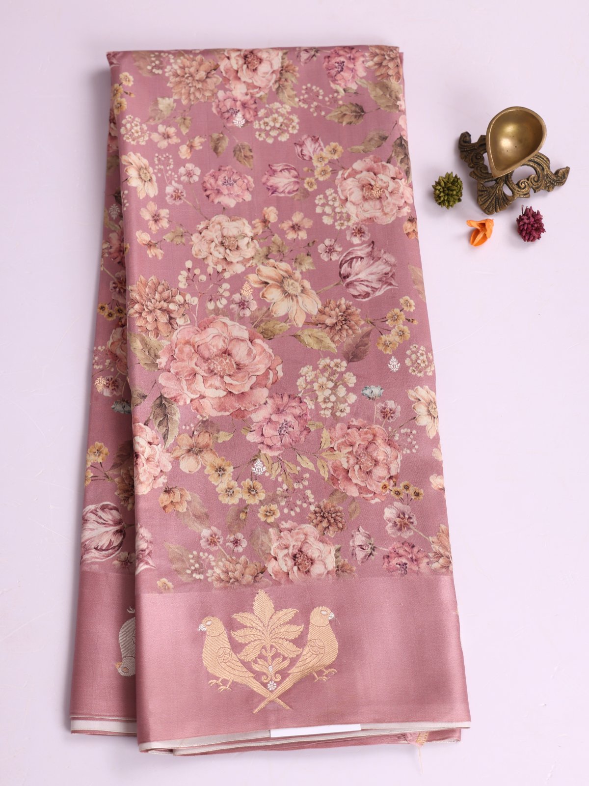 Dusty Pink Printed Mashru Silk Saree With Satin Border