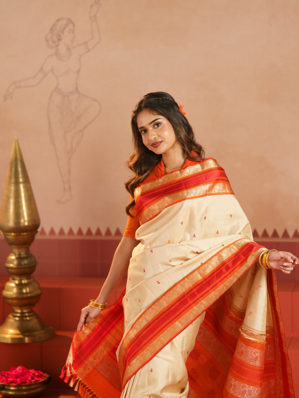 Crafted 23 - Beige Kanjeevaram Silk Saree With Rust Orange Pattupettu Border
