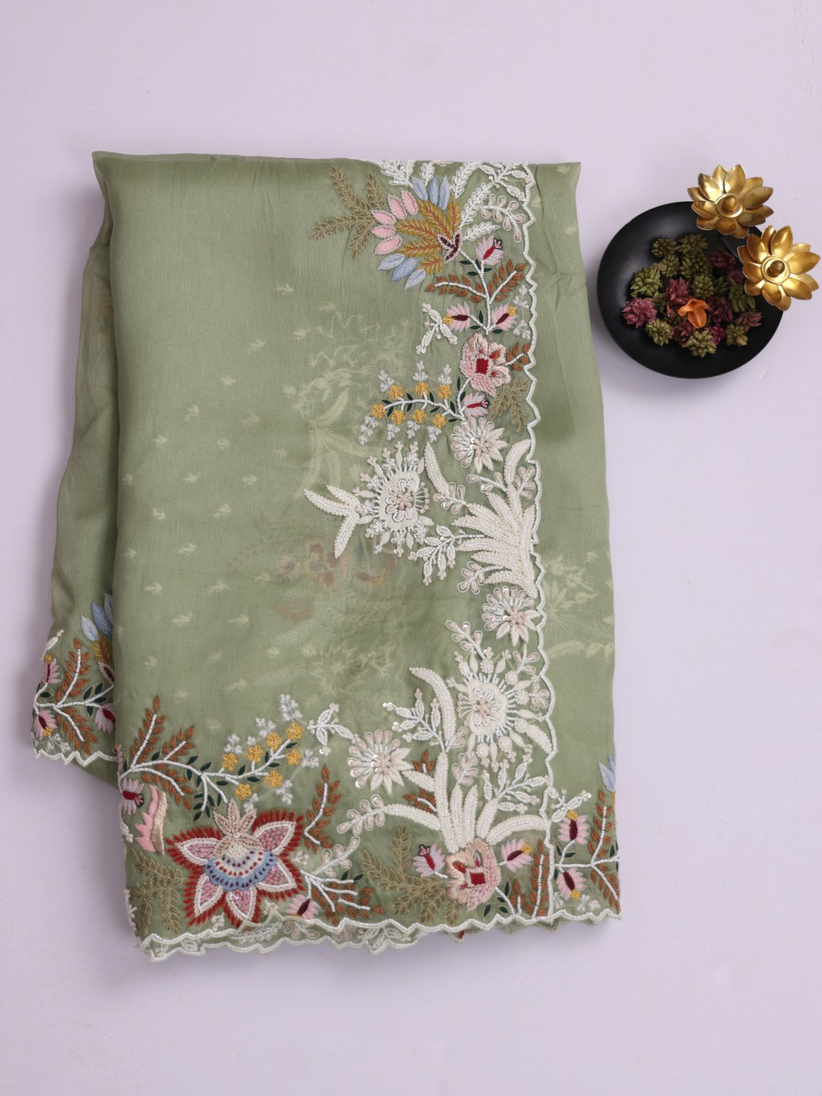 Sage Green Organza Silk Saree With Embroidered Border